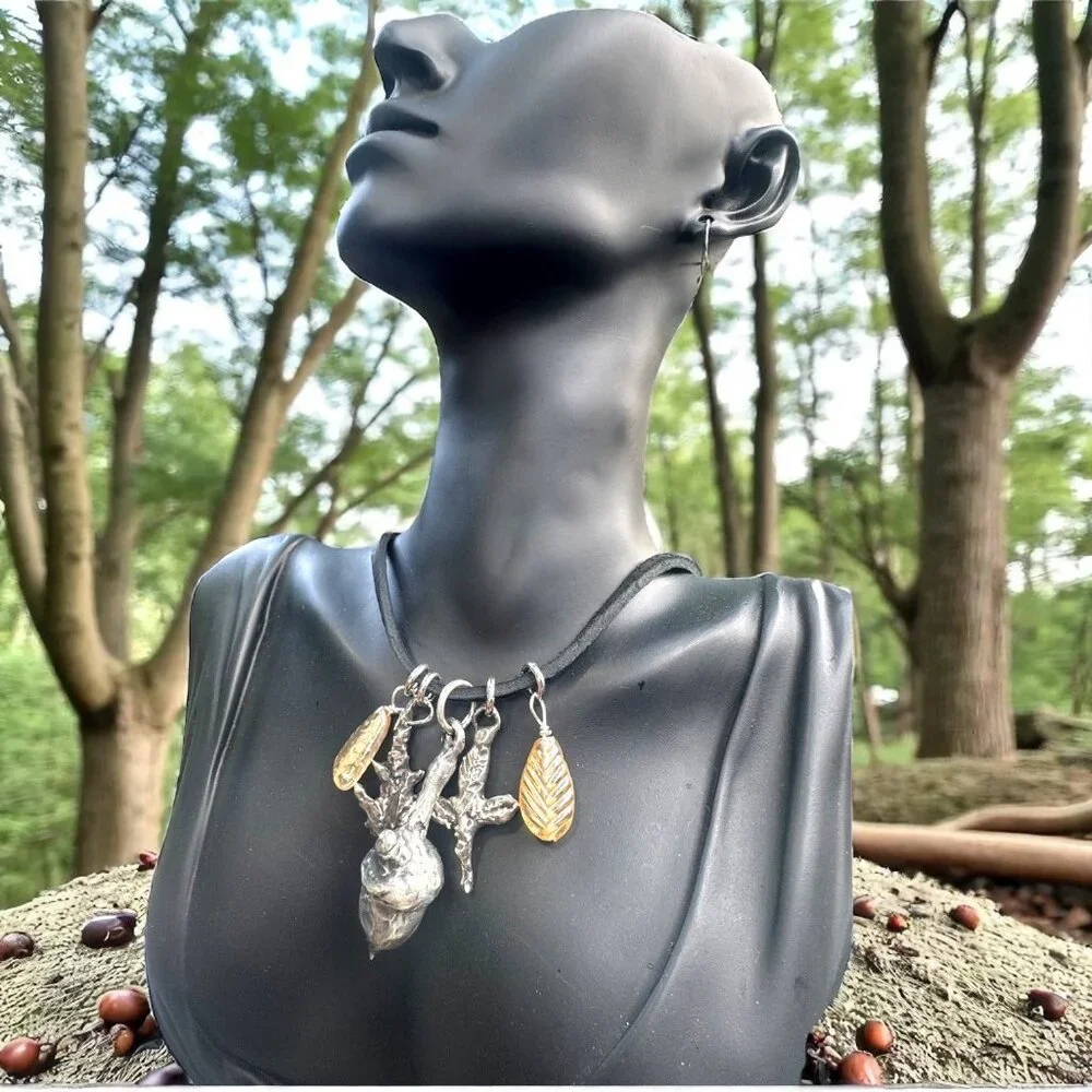 Artisan Woodland Acorn Silver & Gold Leaf Nature Pendant Necklace